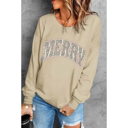 Khaki MERRY Leopard Print Long Sleeve Graphic Sweatshirt