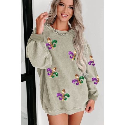 Green Glitter Mardi Gras Symbol Corded Baggy Sweatshirt
