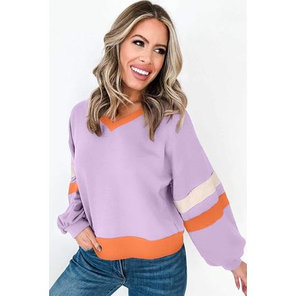 Orchid Bouquet Contrast Rib Knit Patchwork Drop Shoulder V Neck Sweatshirt