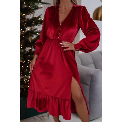 Racing Red Velvet Buttoned Puff Sleeve V Neck Split Midi Dress