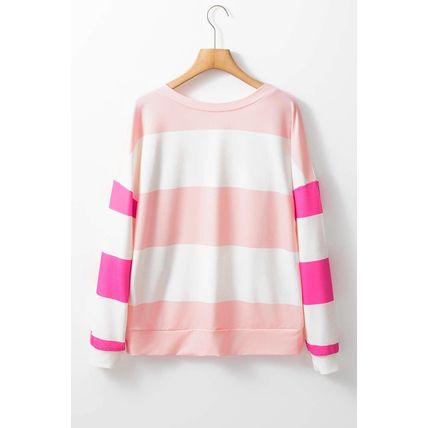 Light Pink Colorblock Striped Drop Shoulder Long Sleeve Top