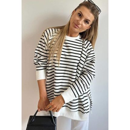 Black Stripe Raglan Sleeve Side Slits Loose Sweatshirt