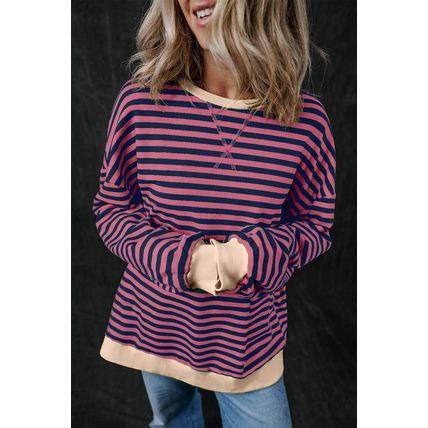 Red Stripe Oversized Contrast Trim Pullover Sweatshirt