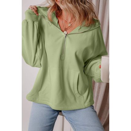 Smoke Green Fleece Lined Half Zipper Kangaroo Pockets Loose Hoodie