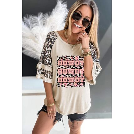 Apricot HOWDY Leopard Print Tiered Ruffled 3/4 Sleeve Tee