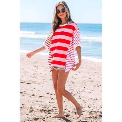 Pink Stripe Patchwork Round Neck Side Split Loose T Shirt