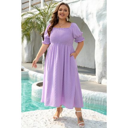 Wisteria Swiss Dot Smocked Frilled Neckline Short Sleeve Plus Size Dress