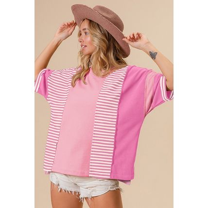 Pink Stripe Color Block Patchwork Loose Half Sleeve T Shirt
