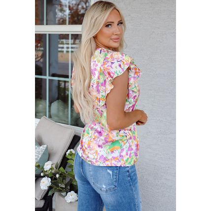 Purple Abstract Printed Ruffled Short Sleeve Notched Neck Blouse