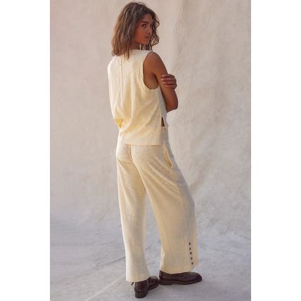 Beige Solid Color Tank Top and Smocked Waist Pants Set