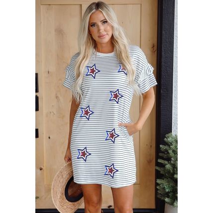 White Stripe Sequin USA Flag Star Graphic Ruffled Short Sleeve Mini Dress