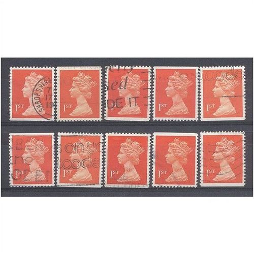 BULK STOCK.(1st) Bright Orange-Red x 10.Type Unchecked.Fine Used.nb12a
