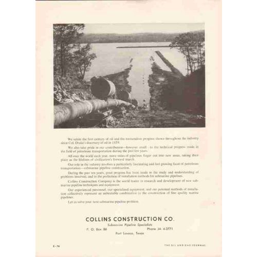 collins construction company 1959 oil gas pipeline vintage ad