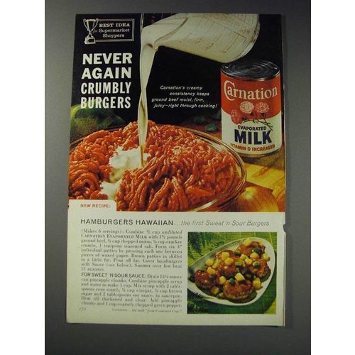 1963 Carnation Evaporated Milk Ad - Hamburgers Hawaiian recipe
