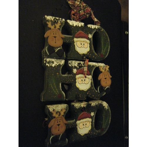 Painted Wood Handcrafted Santa & Reindeer Ho Ho Ho Wall Hanging