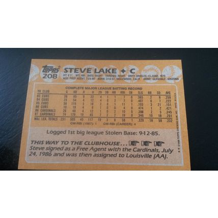 1988 Topps Card # 208 Steve Lake Excellent (5) St Louis Cardinals