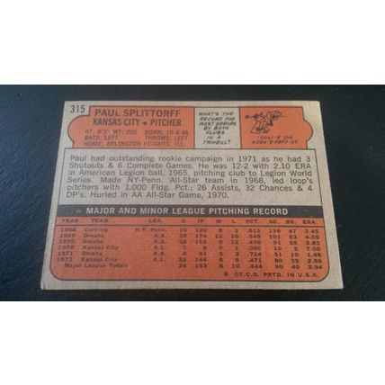 1972 Topps Card # 315 Paul Splittorff Very Good-Excellent (4) Kansas City Royals