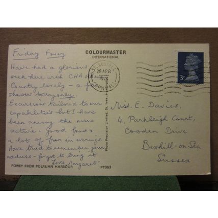 FOWEY from POLRUAN HARBOUR, CORNWALL used postcard 1974 pm Colourmaster =