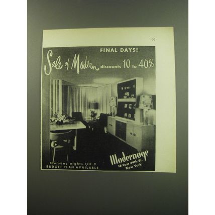 1949 Modernage Furniture Ad - Sale of Modern discounts 10 to 40%