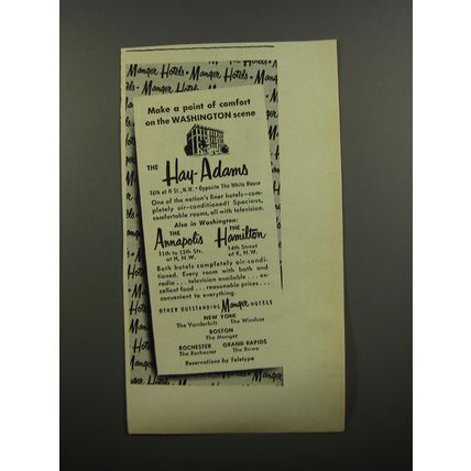 1953 The Hay-Adams Hotel Ad - Make a point of comfort on the Washington scene