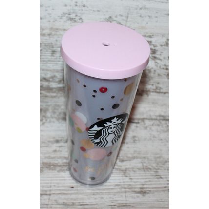 Rare STARBUCKS Holiday Tumbler 24 oz VENTI Cold Cup BE JOYFUL Pink Polka Dots
