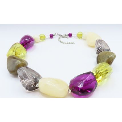 Nugget Bead Necklace Purple, Grey & Yellow Necklace with Drop Earrings Set Gift