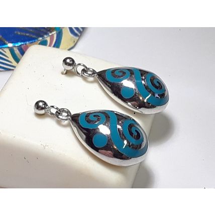 Estate 2 Sided Teardrop Blue Enamel Swirl Sterling Silver Dangle Earrings #19309