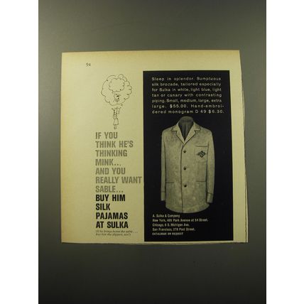 1960 Sulka Silk Pajamas Ad - If you think he's thinking mink