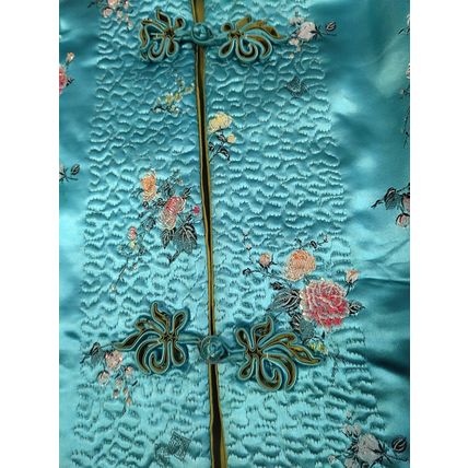 Wms Embroidered Aqua Floral Oriental Kimono Robe Gown Sm/Med Heavy Quality Flaw