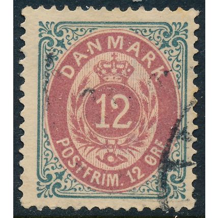 Denmark AFA 0026ay/Scott 29c, 12ø blue-grey & red Bicolour, F-VF used stamp