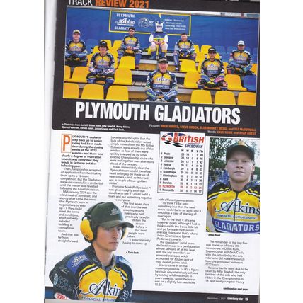 Speedway Star magazine : December 4, 2021. Plymouth track review. Jason Doyle.