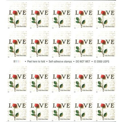 Red Rose and Love Letters Pane of Twenty 34 Cent Stamps Great For Wedding 3496