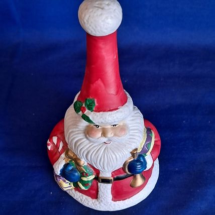 VintageChristmas SANTA CLAUS BELL Figurine Ceramic Gifts Wreat Holly Berry 6 1/8