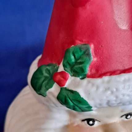 VintageChristmas SANTA CLAUS BELL Figurine Ceramic Gifts Wreat Holly Berry 6 1/8