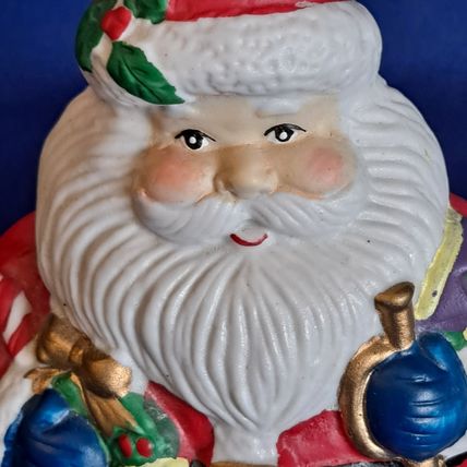 VintageChristmas SANTA CLAUS BELL Figurine Ceramic Gifts Wreat Holly Berry 6 1/8