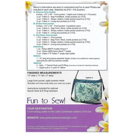 Pink Sand Beach Designs #122 Aruba Purse/Shoulder Bag Instructions 13x11x3”