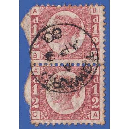 GB QV 1870 1/2d ROSE PLATE 14 BA CA SG49 GU VERTICAL PAIR CDS