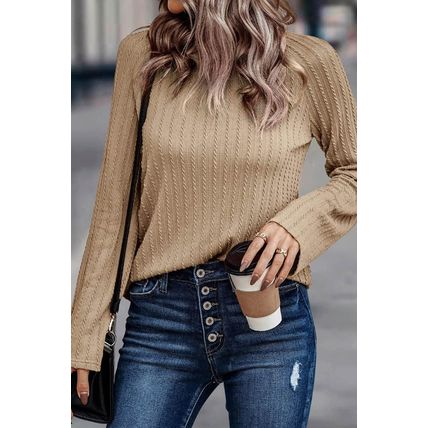 Khaki Ribbed Round Neck Knit Long Sleeve Top