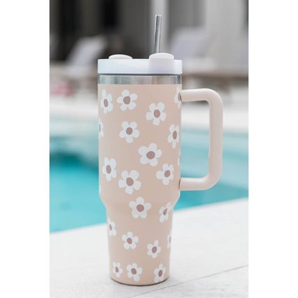 Parchment Floret Print Stainless Tumbler With Lid And Straw