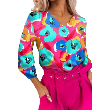 Rose Multicolor Floral Print V Neck 3/4 Sleeve Blouse