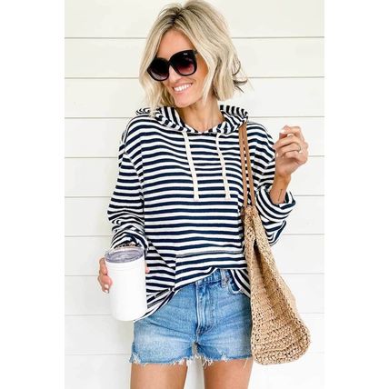 Stripe Kangaroo Pocket Drawstring Hoodie