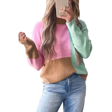 Multicolour Colorblock Mock Neck Ribbed Trim Sweater