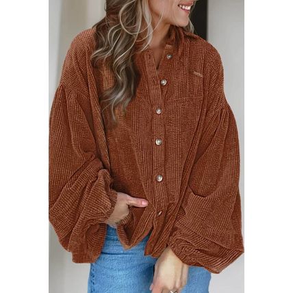 Coffee Textured Corduroy Puff Sleeve Shacket