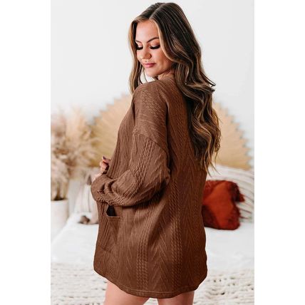 Coffee Solid Textured Open Front Cardigan with Pocket