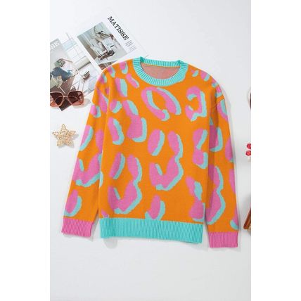 Orange Leopard Colorblock Ribbed Edge Sweater