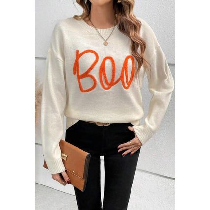 Apricot Boo Knitted Pattern Ribbed Edge Drop Shoulder Sweater