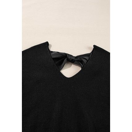 Black Lantern Sleeve V Neck Knot Back Sweater