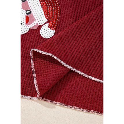 Red Sequin Santa Claus Graphic Textured Long Sleeve Top