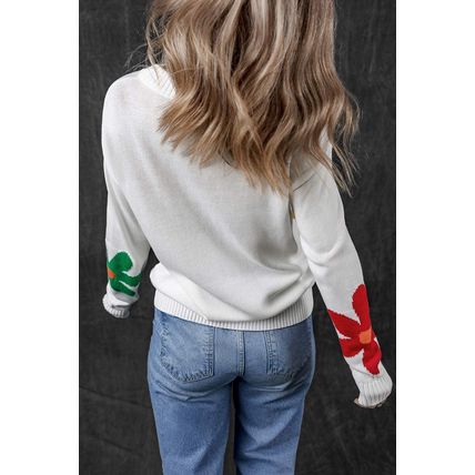 White Colorful Big Flower Pattern Crewneck Sweater