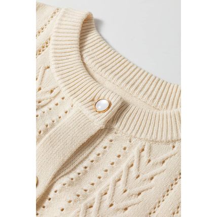 Apricot Pleated Sleeve Hollow Detail Button Sweater Cardigan